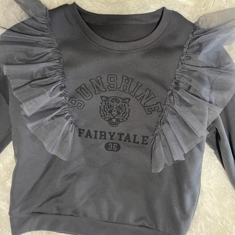 Gray Ruffled Shoulder Graphic Sweatshirt - Picture 2 of 5